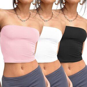 Women's Strapless Tube Top 3-Pack - Pink, White, Black Stretch Bandeau, M